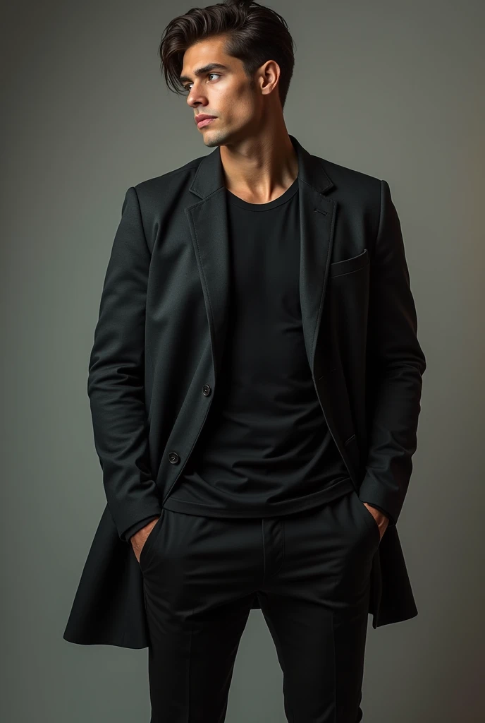 ((a handsome man, male model modern clothes, full - length portrait: 1.5)), (best qualityer, 4K, 8k, high resolution, work of art: 1.2), ultra detaild, (Realist, fotorRealista, fotorRealista : 1.37), HDR, High definition, strong bodie ,studio lighting, ultra-fine painting, sharp focus, physically based representation, extremely detailed description, proffesional, bright coloured, bokeh, dramatic lighting, film composition