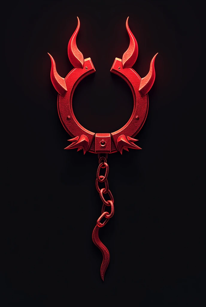 (logo design) evil logo, a sexual striking red handcuff, adorned with sharp, menacing demon horns, and a sinuous chain tail extending from the base, dynamic and bold, emphasizing a dark theme, glossy finish, high-resolution, creating an impression of malevolence and power. No background. 
