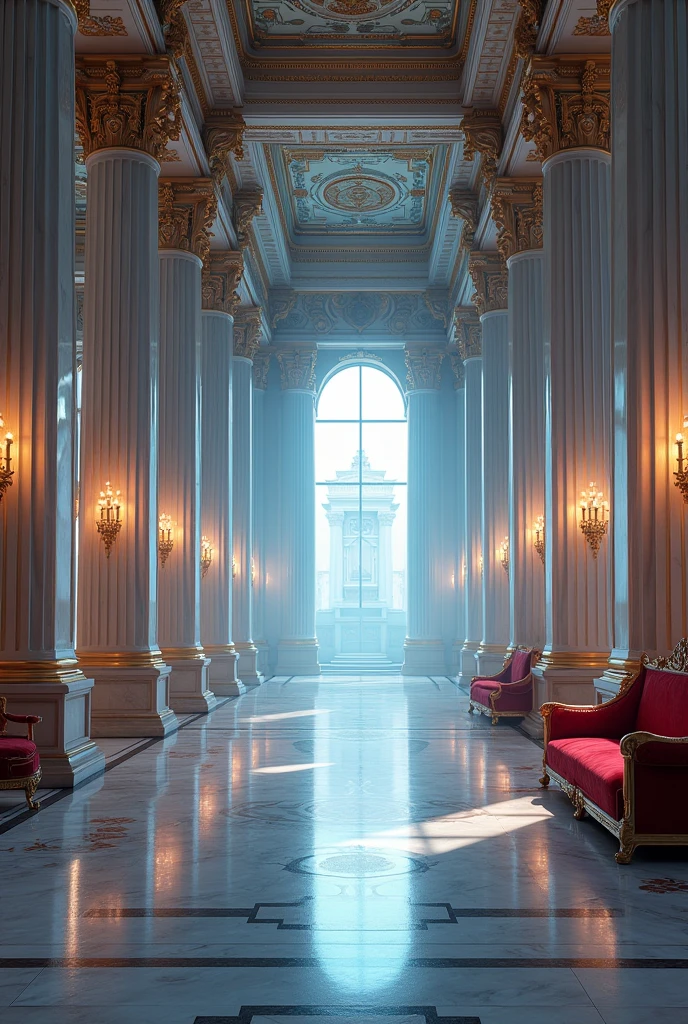 Colourful Interior of a Palace with marble floor, marble aesthetic, white marble, shiny floor, marble floors, red padded, Greek Roman Columns, royal aesthetic, Golden details, Gold ((masterpiece)), color photograph, (sharp focus:1.2), extremely detailed, intricate, dramatic lighting, moody and melancholic atmosphere, sony a7 IV film stock photograph 4 kodak portra 400 camera f1.6 lens rich colors hyper realistic lifelike texture, best quality dramatic lighting cinestill 800, deep shadow, photo, Highly detailed, wide angle lens, depth of field, bokeh, 4K, HDR, absurdres, hyperrealistic, photorealistic, 1980s, blue and pink atmosphere.