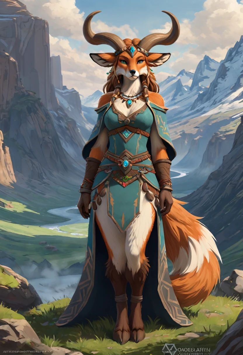 Anthropomorphic feminine fox-satyr witch. full body Official Art – An Award-Winning Digital Masterpiece In 4K Ultra HD, Extreme Detail And Intricate Realism. Symmetrical Face. This Concept Art Brought To Life By The Hands Of Artists Like Wlop & Artgerm In A Stunning 2D Vector Illustration. Breath of the wild. Background Is A Panoramic Vista.