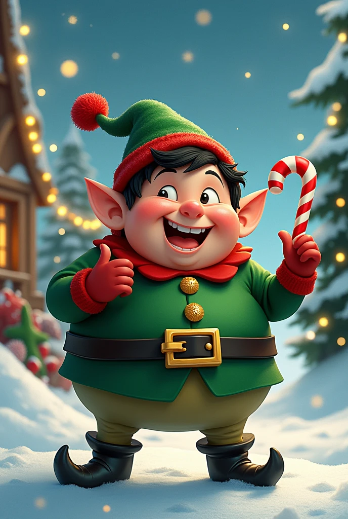Christmas chubby elf with black hair,candy cane