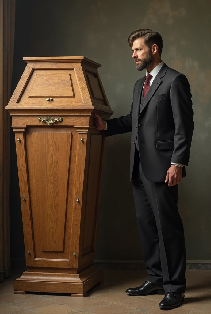 make a man next to a large coffin