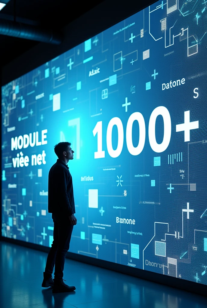 Une personne regarde son ordinateur portable avec un écran géant. sur le ran est marqué "MODULE N1 très net 10000 lux 100K
