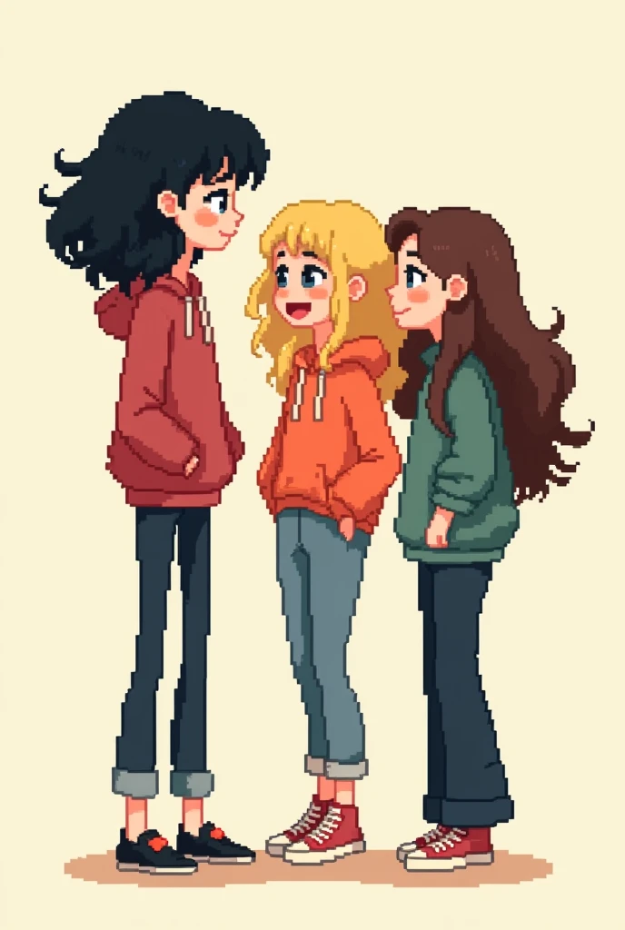 Drawing of three female friends, one stuffed, tall and with black hair, another blonde and the last brunette, pixel art