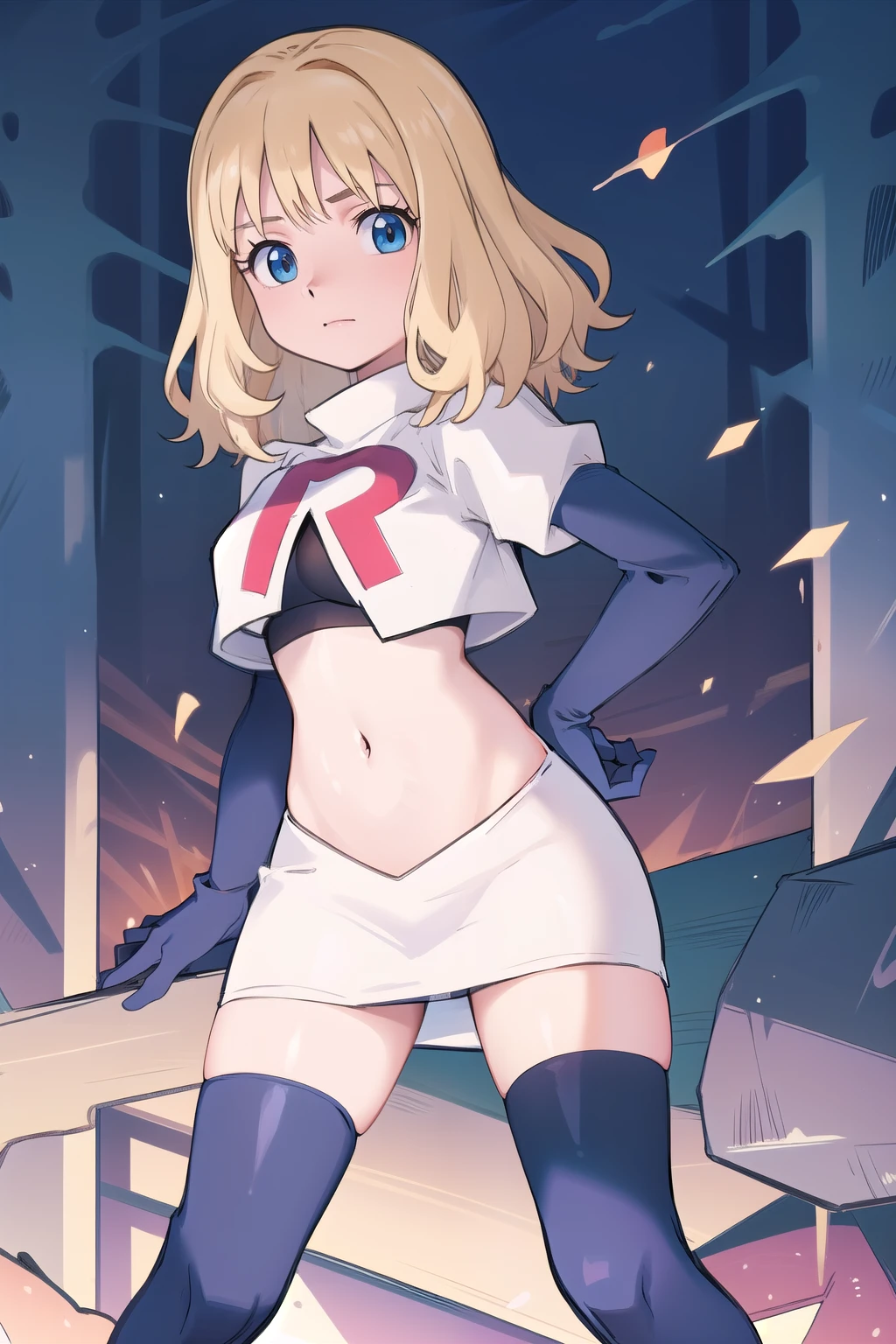 1girl, sxhelen, blonde hair, medium hair, blue eyes, team rocket,team rocket uniform,white skirt,red letter R,crop top,black thigh-highs,black elbow gloves, forest,