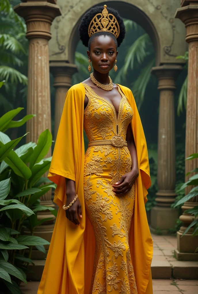 "Create a photorealistic image of a strikingly beautiful African woman in her mid-20s, standing confidently in a lush, tropical environment. She has smooth dark skin and expressive eyes that exude determination and compassion. She is wearing an elaborate, vibrant yellow traditional gown with intricate embroidery and beadwork, flowing gracefully to the ground. Over her shoulders, she has a matching cape that adds to her regal appearance. Her hairstyle is intricately styled, adorned with an ornate headdress that reflects her royal status as a Nigerian princess. She is also wearing traditional jewelry, including a necklace and earrings. The background features tropical plants and ancient, weathered columns, creating an enchanted, mystical atmosphere. The lighting should softly highlight her poise and grace, emphasizing the rich colors of her attire and the natural beauty of the surroundings."