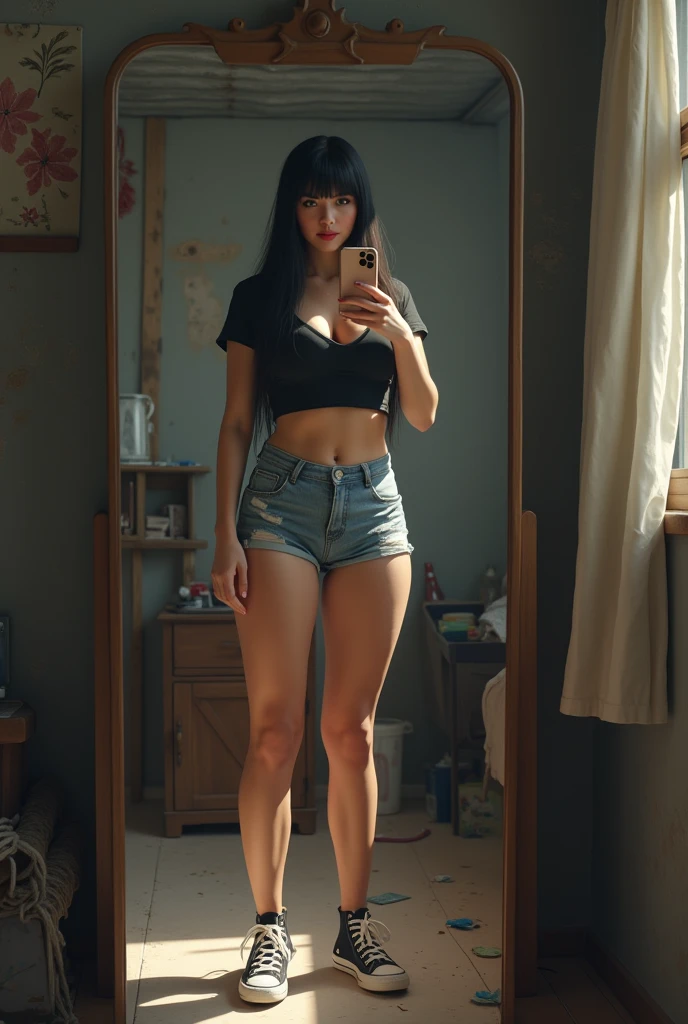 Who was a picture of a slim girl with curves and big tits, who is taking a photo in a mirror with his iPhone 8, The girl must have bangs above her eyebrows and very straight, black hair down to her waist., From behind you can see his messy room, with a tin roof and a grey block wall, and she must be dressed in shorts and a tight-fitting V-neck T-shirt, and some converse sneakers. The image must be very realistic and similar to the turra aesthetic