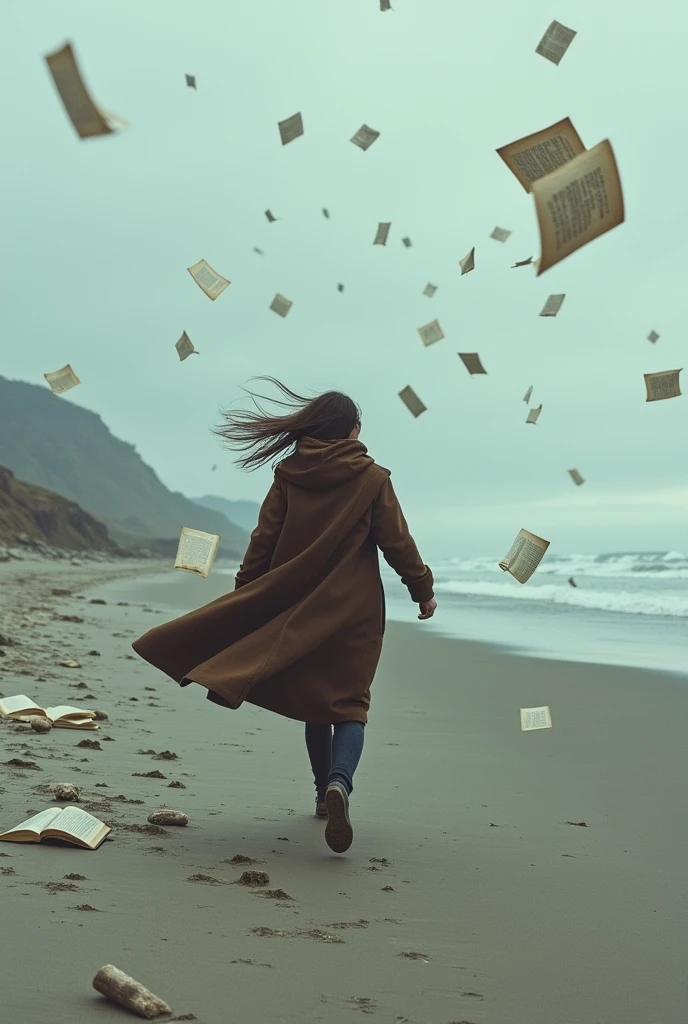 Woman with long hair in a brown long oversized coat running in a COLD beach, her back facing a little bit far away. Lots of book papers everywhere in the sky. More landscape than woman