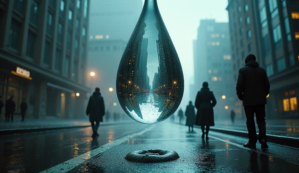 Dreamlike photo of an upside-down urban landscape, reflected in a giant hovering raindrop, buildings morphing into everyday objects, people replaced by independent shadows, wide-angle framing, surreal cityscape background, dramatic storm lighting, shot from below, on a high-resolution DSLR with a fish-eye lens, (saturated colors:1.3), in style of Salvador Dali