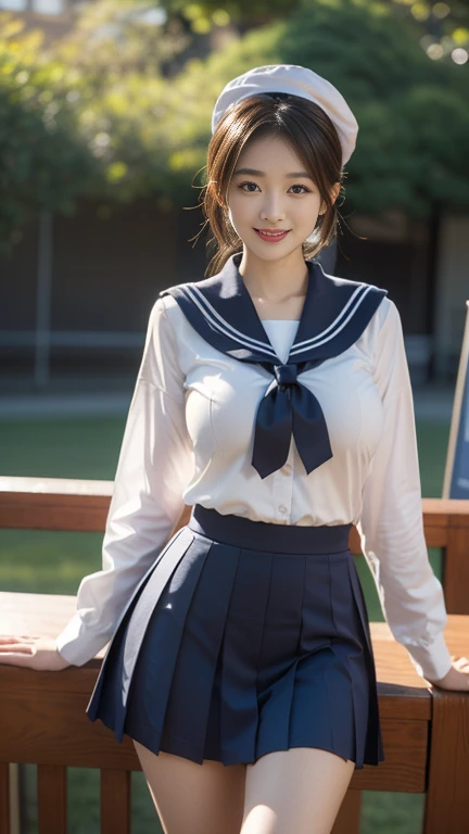(A gorgeous Japanese idol, age 22 , in a cafe, wearing seifuku, school uniform, sailor moon, jk uniform, high-school uniform, red ribbon, sailor hat, knee high socks, 

Easygoing expressions, kind smile, dimpled chins, cute snaggle-tooth, short bob hair ponytail, symmetrical face, realistic detailed face, beautiful detailed eyes, perfect body proportions, hourglass figure, ample round bosoms, huge breasts,

Raw photo, photorealistic, realistic portrait, hyper-realism, high contrast, ultra HD, realistic skin textures, top image quality, top-quality, super high resolution, fine details, very meticulously, masterpiece, medium shot, close-up shot, cowboy shot, High Angle Shot, bokeh background, SFW, Safe For Work)