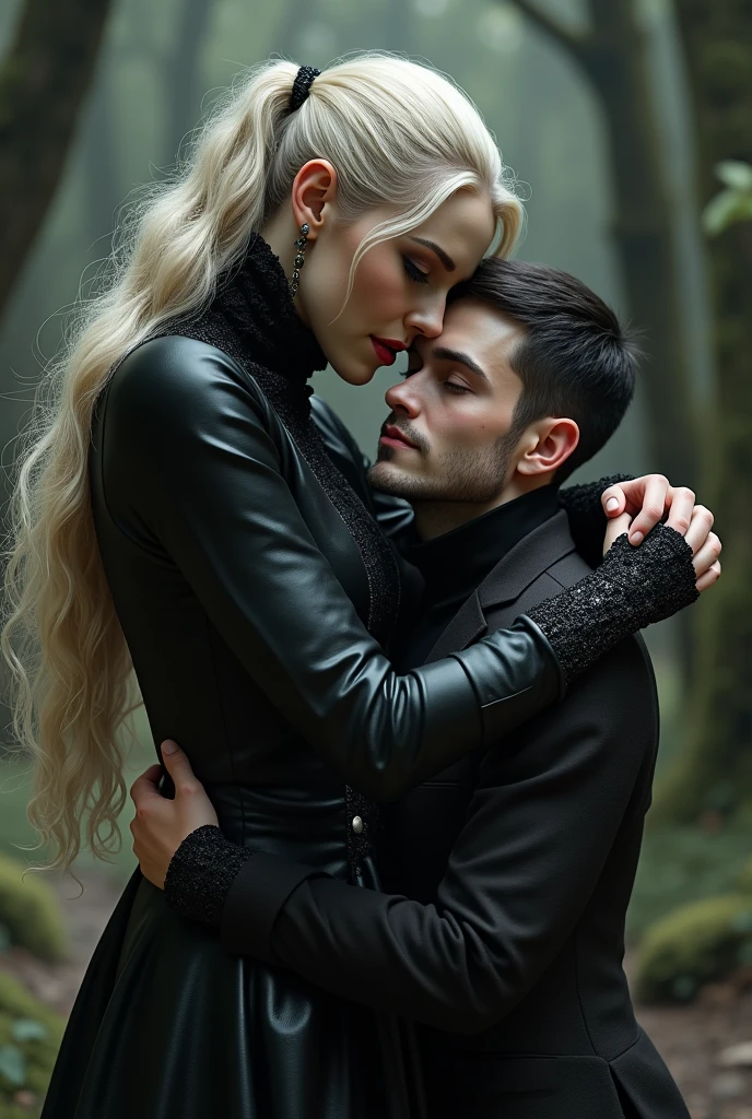  a vampiress, whose blonde hair falls softly down her back, dressed in a gothic and elegant way, His skin is pale, The man is a young dwarf, with cheerful features on his face, black hair, short beard, She is taller than him, She is 1m65 tall while the dwarf is 1m50 tall. The vampire hugs him from behind 