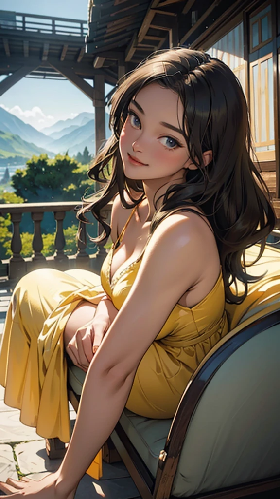 A strikingly innocent young woman, with cascading curls and a whimsical smile, lounges elegantly in a flowing, sun-kissed yellow dress. Her curvaceous figure exudes a timeless allure, captivating the viewer's gaze. In the background, a classic vintage car stands out against the rugged mountain backdrop, a symbol of bygone eras and nostalgic charm. The crackling fire illuminates the scene, casting a warm glow as evening settles in. This exquisite image, reminiscent of a romantic painting, is a breathtaking blend of vintage beauty and natural grace.