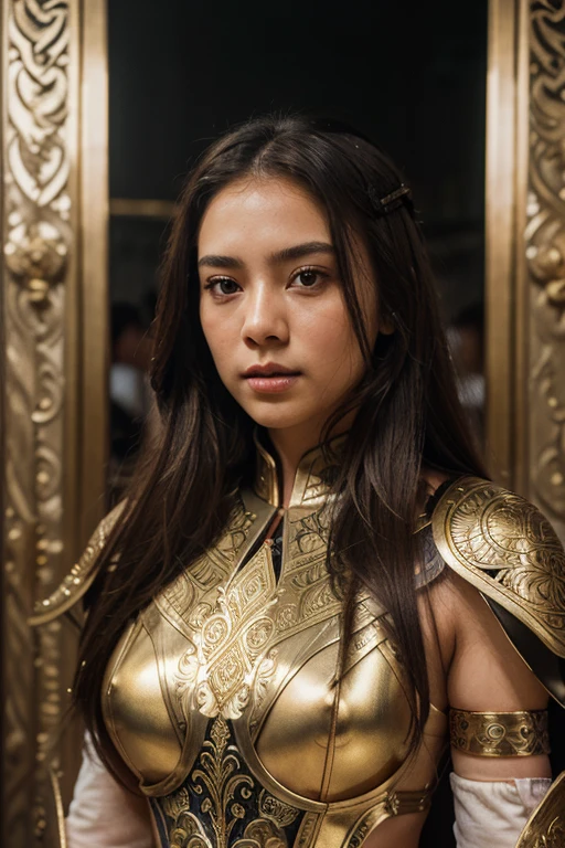 Front_view, Masterpiece, Best quality, Realistic, Raw photo, (1 girl, looking at looker), Long hair, White armor, Intricate armor, Delicate gold and black line pattern, Intricate pattern, Red metal parts, Detail part, Dynamic pose, Detailed background, Dynamic light, Thai art pattern