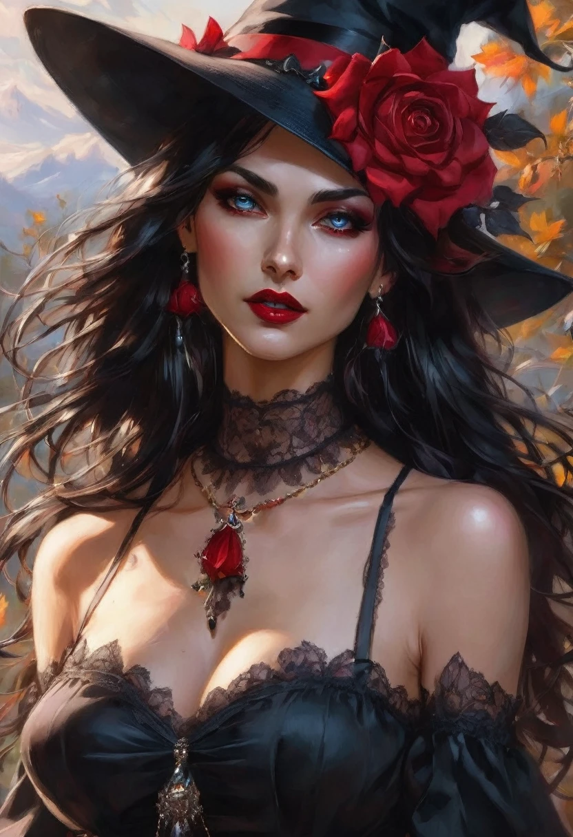 Woman, solo, long hair, breasts, looking at viewer, blue eyes, black hair, hat, dress, cleavage, bare shoulders, jewelry, medium breasts, closed mouth, collarbone, upper body, flower, earrings, choker, necklace, lips, black headwear, makeup, witch hat, rose, animal, cat, lipstick, red flower, gem, lace trim, lace, red rose, hat flower, red lips, witch, black cat, holding animal