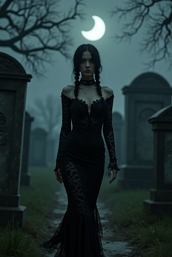 "Create an image of Wednesday Addams from the Addams Family, walking through a dark, eerie cemetery at night. The scene is dimly lit by a crescent moon, casting long shadows over the gravestones. Wednesday is dressed in a gothic, yet sexy outfit, with a black lace dress that is form-fitting and slightly off-shoulder. Her long braids are styled neatly, and her expression is serious and intense. The background should include ancient, weathered tombstones and twisted, leafless trees. The overall atmosphere should be dark, mysterious, and slightly ominous."