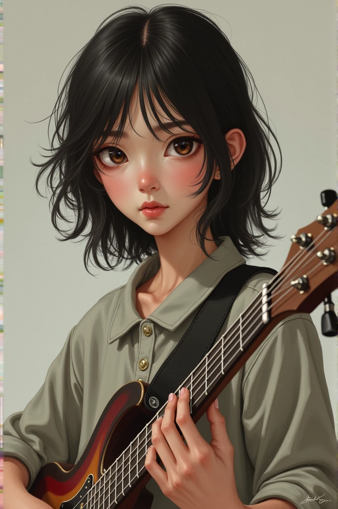 Scrawny, bass guitar,chestnut hair , Medium long hair, dark brown eyes, korean