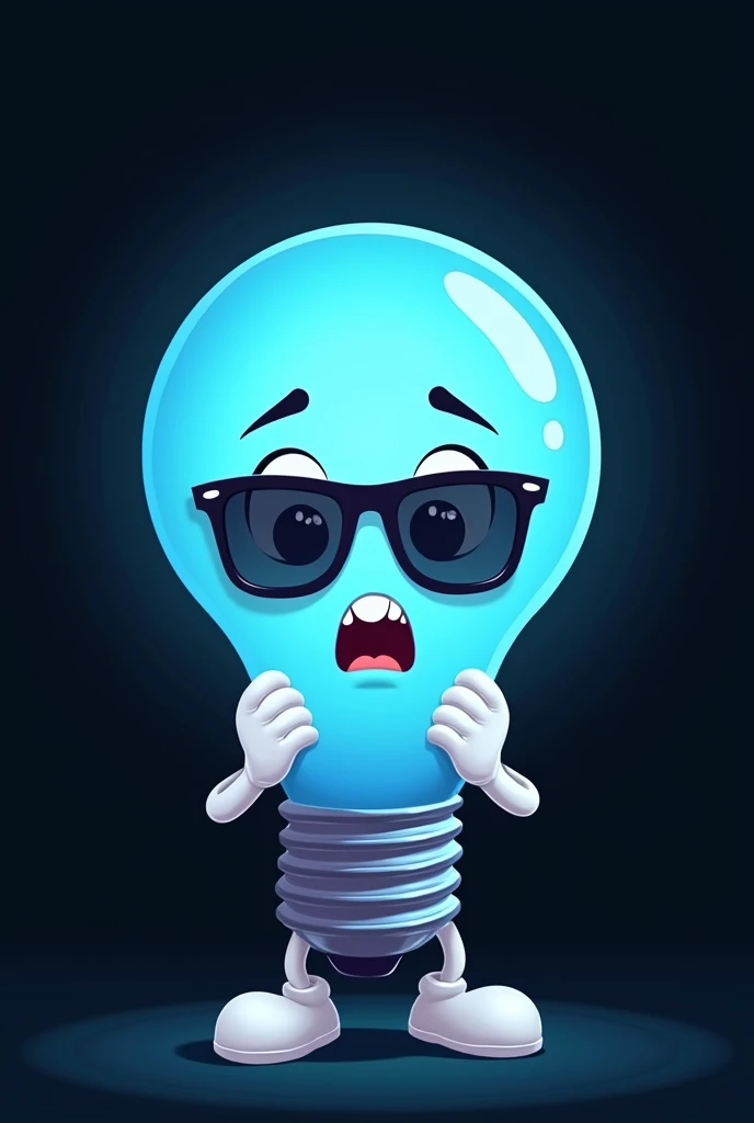 Blue cartoon light bulb with sunglasses, with white arms and legs. He is amazed and places his hands on his face., In the background there is a flat black color., Ilustración de pet, toonix character, Cartoon vector style, dancing character, telegram label design, Black and cyan color scheme, simple cartoon style, tendency to dribble.pet.with, cold face, 2D flat vector art