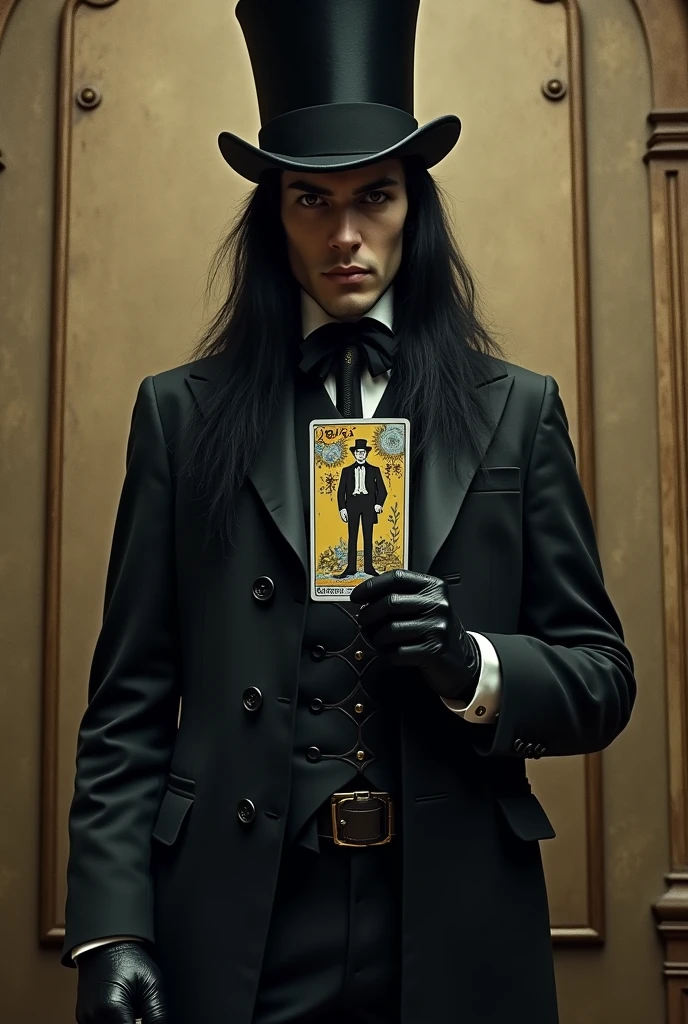 black eyes and cold,straight and long black hair,body of a deity,empty look at the powerful,naughty man,classic 19th century suit,shows the whole body,and he using a 19th century pistol,less masculine face and more cold and emotionless,wearing a top hat and holding a fool's card,tarot card,novel style image