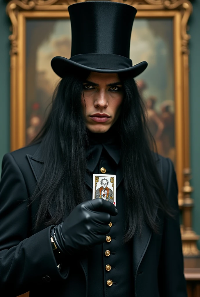 black eyes and cold,straight and long black hair,body of a deity,empty look at the powerful,naughty man,classic 19th century suit,shows the whole body,and he using a 19th century pistol,less masculine face and more cold and emotionless,wearing a top hat and holding a fool&#39;s card,tarot card,novel style image