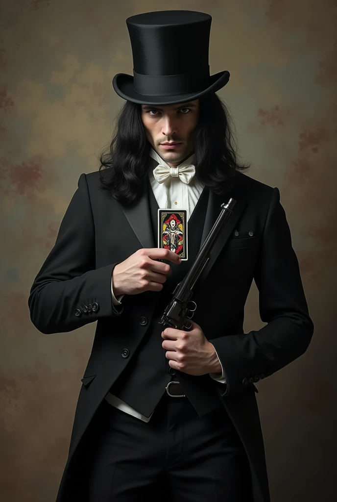 black eyes and cold,straight and long black hair,body of a deity,empty look at the powerful,naughty man,classic 19th century suit,shows the whole body,and he using a 19th century pistol,less masculine face and more cold and emotionless,wearing a top hat and holding a fool's card,tarot card,novel style image