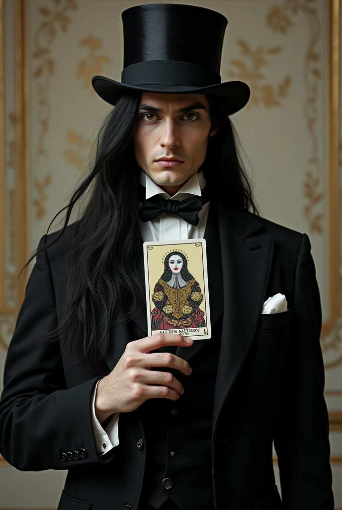 black eyes and cold,straight and long black hair,body of a deity,empty look at the powerful,naughty man,classic 19th century suit,shows the whole body,and he using a 19th century pistol,less masculine face and more cold and emotionless,wearing a top hat and holding a fool's card,tarot card,novel style image