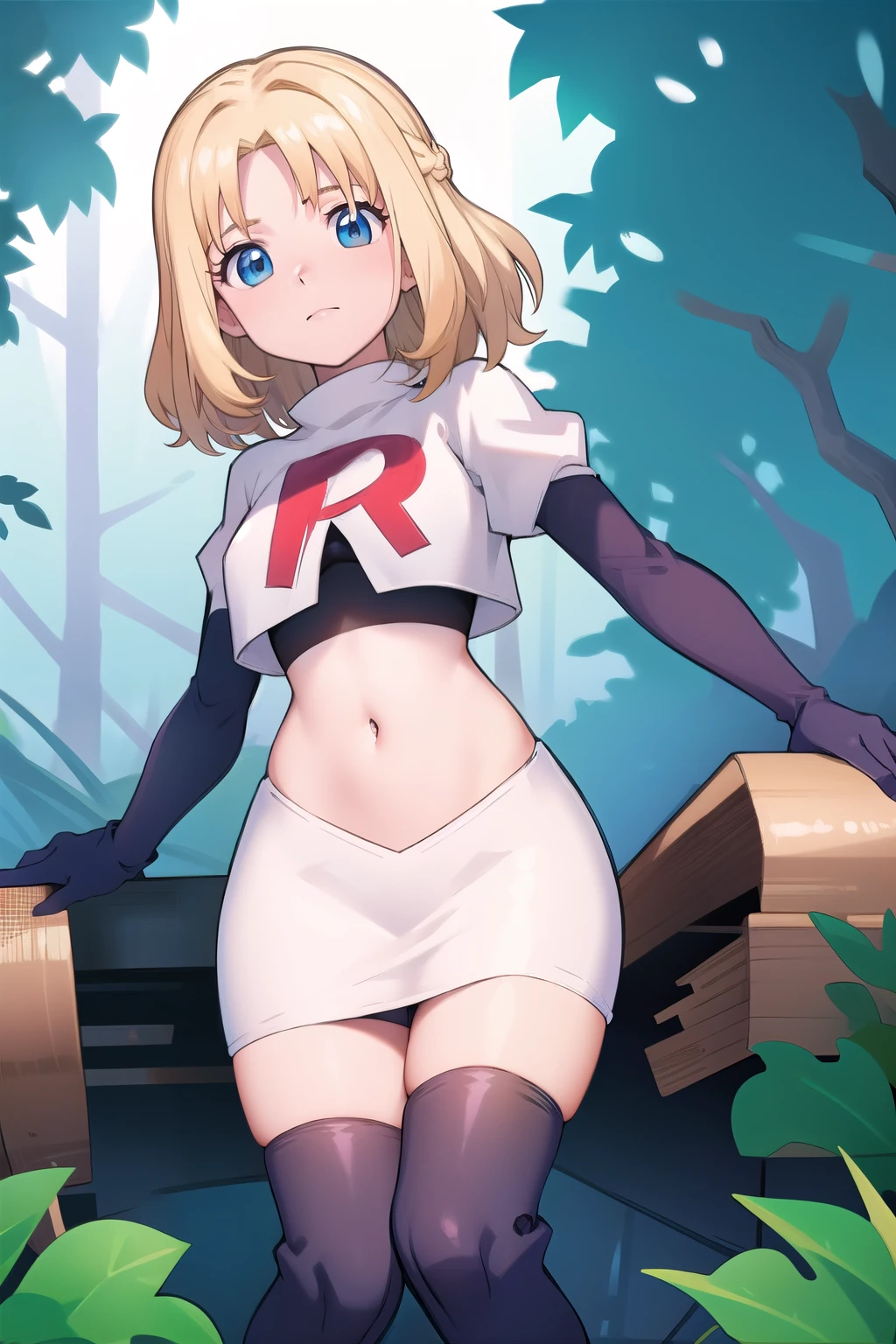 1girl, sxhelen, blonde hair, medium hair, blue eyes, team rocket,team rocket uniform,white skirt,red letter R,crop top,black thigh-highs,black elbow gloves, forest,