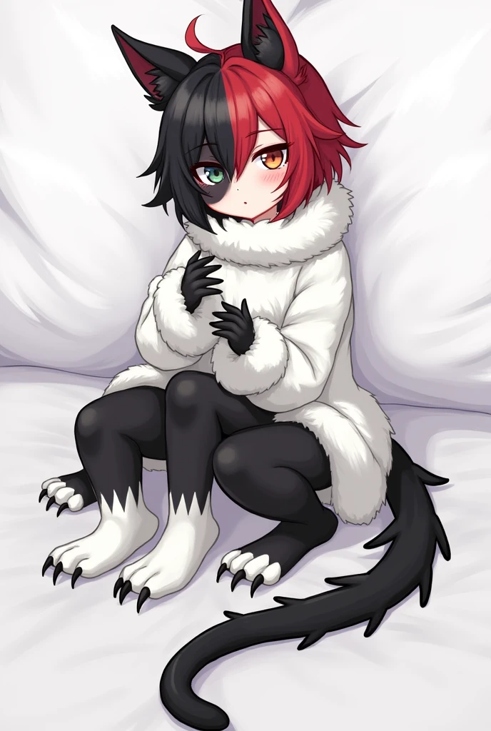 Furry girl with short hair, half red and the other half black, with white fur, black legs with white fur, Black arms with white claws with a black and white dragon tail mixed with a white fur shirt, one completely black eye and the other normal

