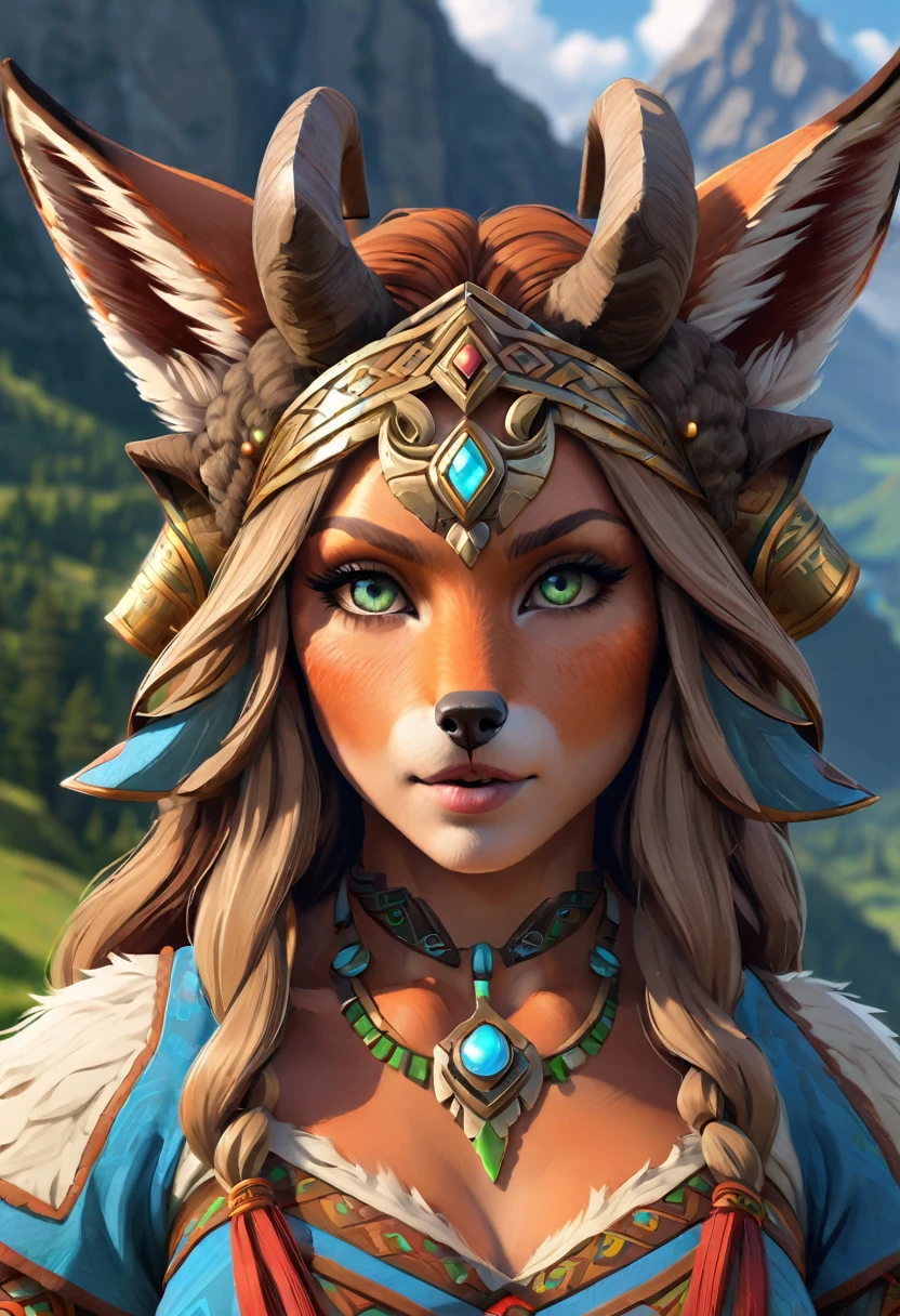 Anthropomorphic feminine fox-satyr witch. Official Art – An Award-Winning Digital Masterpiece In 4K Ultra HD, Extreme Detail And Intricate Realism. Symmetrical Face. This Concept Art Brought To Life By The Hands Of Artists Like Wlop & Artgerm In A Stunning 2D Vector Illustration. Breath of the wild. Background Is A Panoramic Vista.
