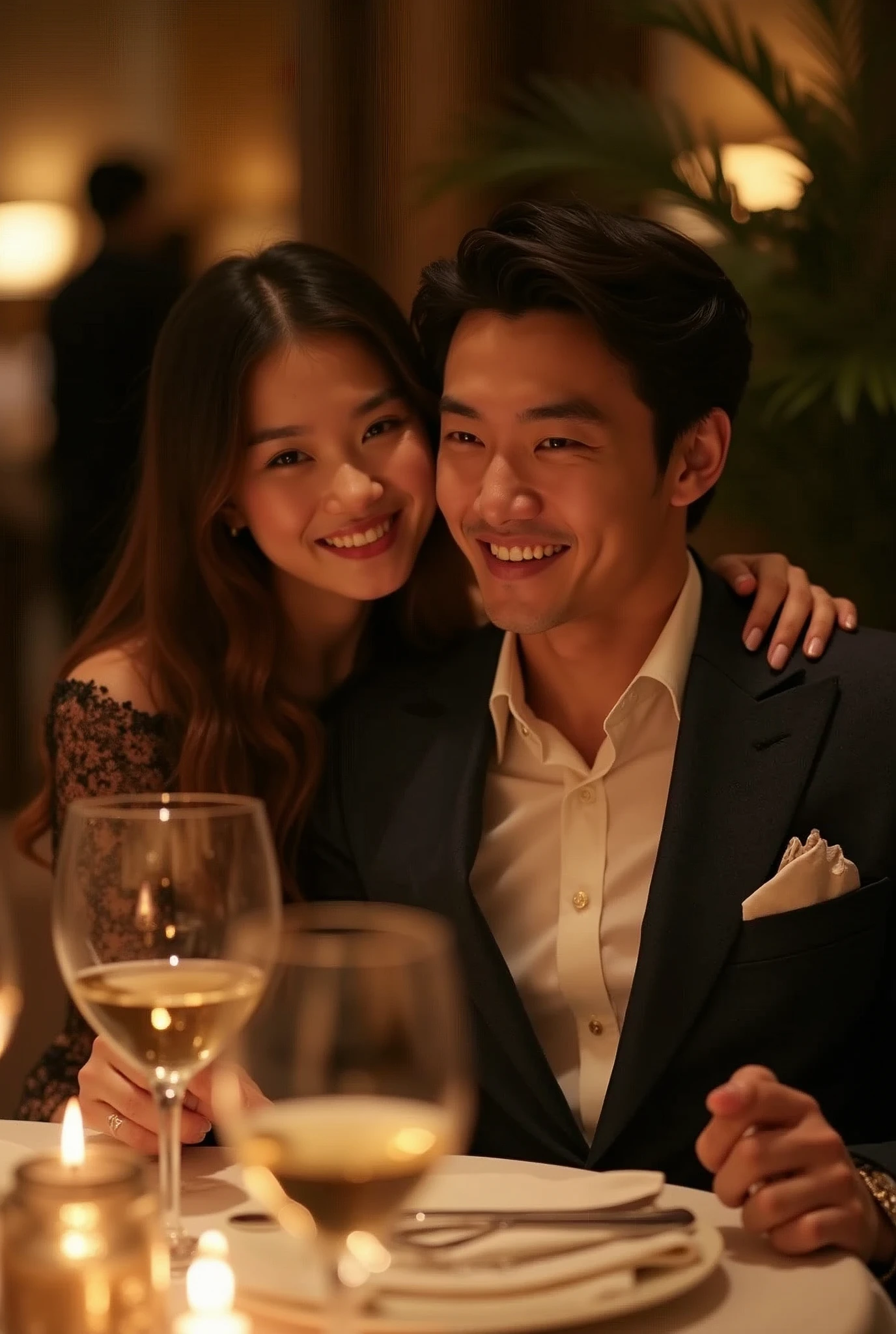 best quality, Masterpiece, High resolution, HD, super sharp face sitting , surreal, beauty, handsome guy without beard, rich asian couple, 25 years old, stately and stylish, high end designer clothing, Smile, talent, at dinner, dance a part de two