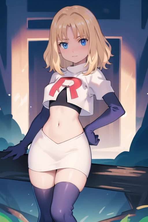 1girl, sxhelen, blonde hair, medium hair, blue eyes, team rocket,team rocket uniform,white skirt,red letter R,crop top,black thigh-highs,black elbow gloves, forest,