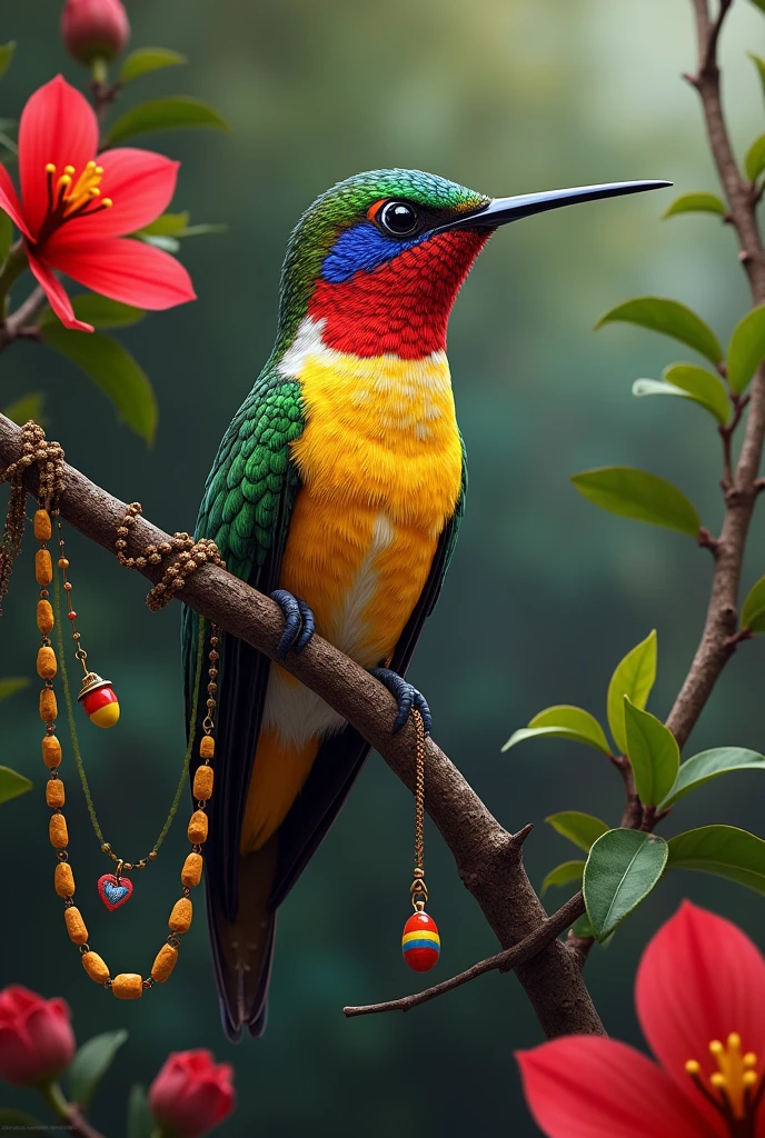 Hummingbird with many accessories that represent Colombia Nariño and that the hummingbird has the colors of the Colombian flag