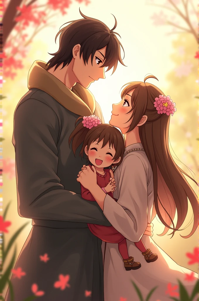 An anime man with black hair and dark maroon Eyes and he is standing with  an anime woman with long middle brunette hair and dark brown eyes and they are standing with their daughter who has black hair and dark brown eyes and they standing with their daughter who has black hair and they are holding a baby boy in their arms who has brown hair