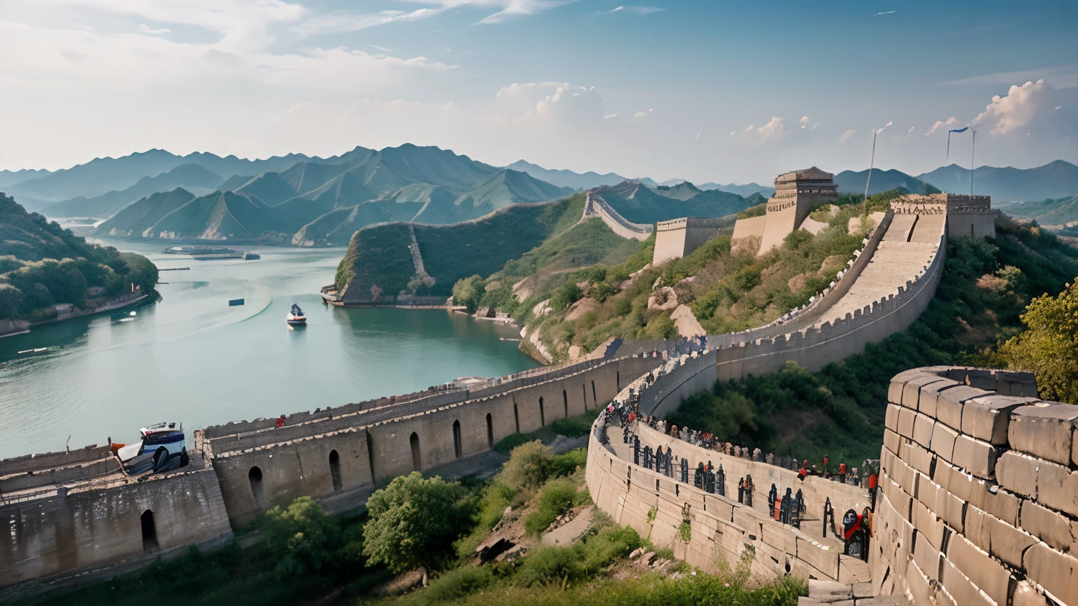 
A grand scene showing the construction of the Great Wall, [with workers and engineers overseeing progress]. The wall must be imposing, (((meandering through distant hills))), while a fleet of boats sails down the Grand Canal in the background, (((symbolizing the power of Chinese engineering))).