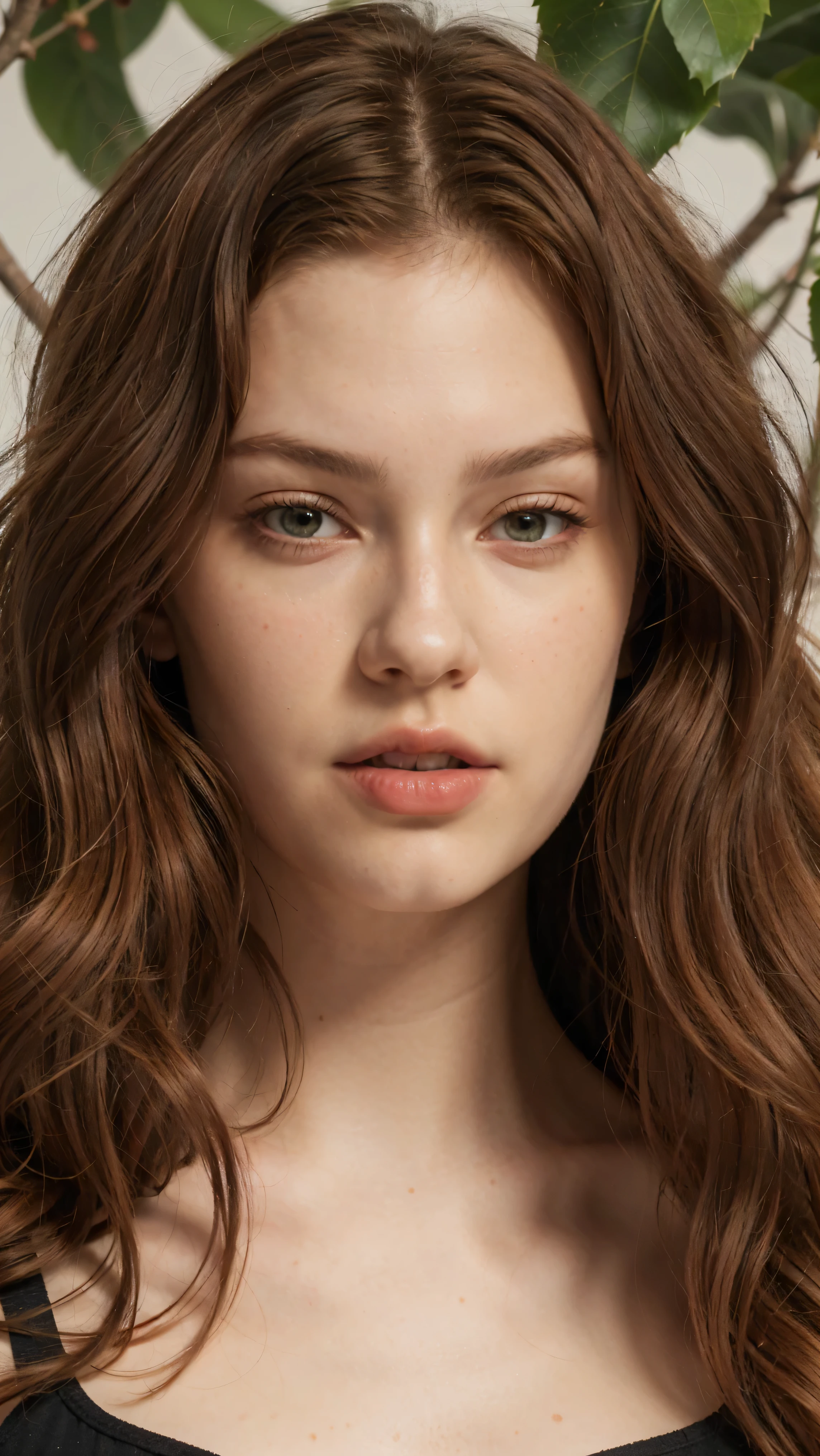 a woman with red hair and green leaves, hyper-realistic skin, shiny/glossy, modern jewelry, gongbi, portraiture, dark teal and light gold, tropical landscapes, Face portrait photo oF a 21-year-old German woman, .raw, beautiFul woman, half strawberry lips, Fossettes, nostalgic look, green eyes, great student, Large eyelashes, (Brown extra long wavy hair), ((detailed Face)), ((detailed Facial Features)), (Finely detailed skin), red skin, (Deep neckline detailing high-tech cyberpunk dress), Cyberpunk Cyberpunk big city environment, (cold colors), moist, moist, reFlections, (masterpiece) (height ratio / perfect width) (photo realist) (best quality) (detailed) Shot with Canon EOS R5, ObjectiF 50mm, F/2.8, human development report, (8k) (wallpaper) (light) (Dramatic Light) (sharp focus) (complicated)