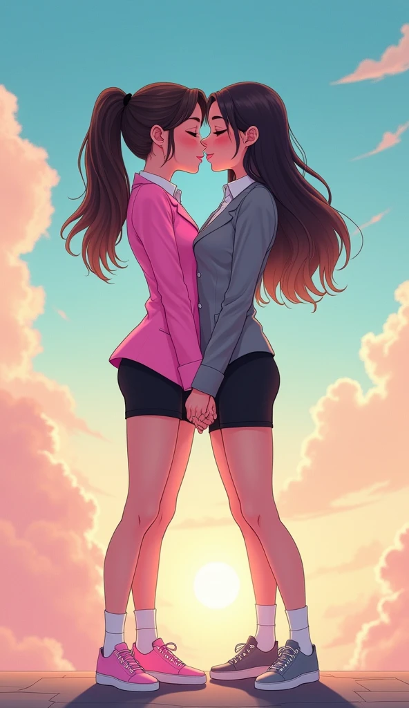 Two girls, yuri,(The first girl wear a pink suit, black pencil skirt, black underpants,  white socks, pink sneakers), (The second girl wore a grey suit, black pencil skirt, black underpants, white socks, grey sneakers), back to back, holding hands, french kiss, lesbian kiss, hugging, closed eyes, fantastic sky, novel cartoon, 4K, HD