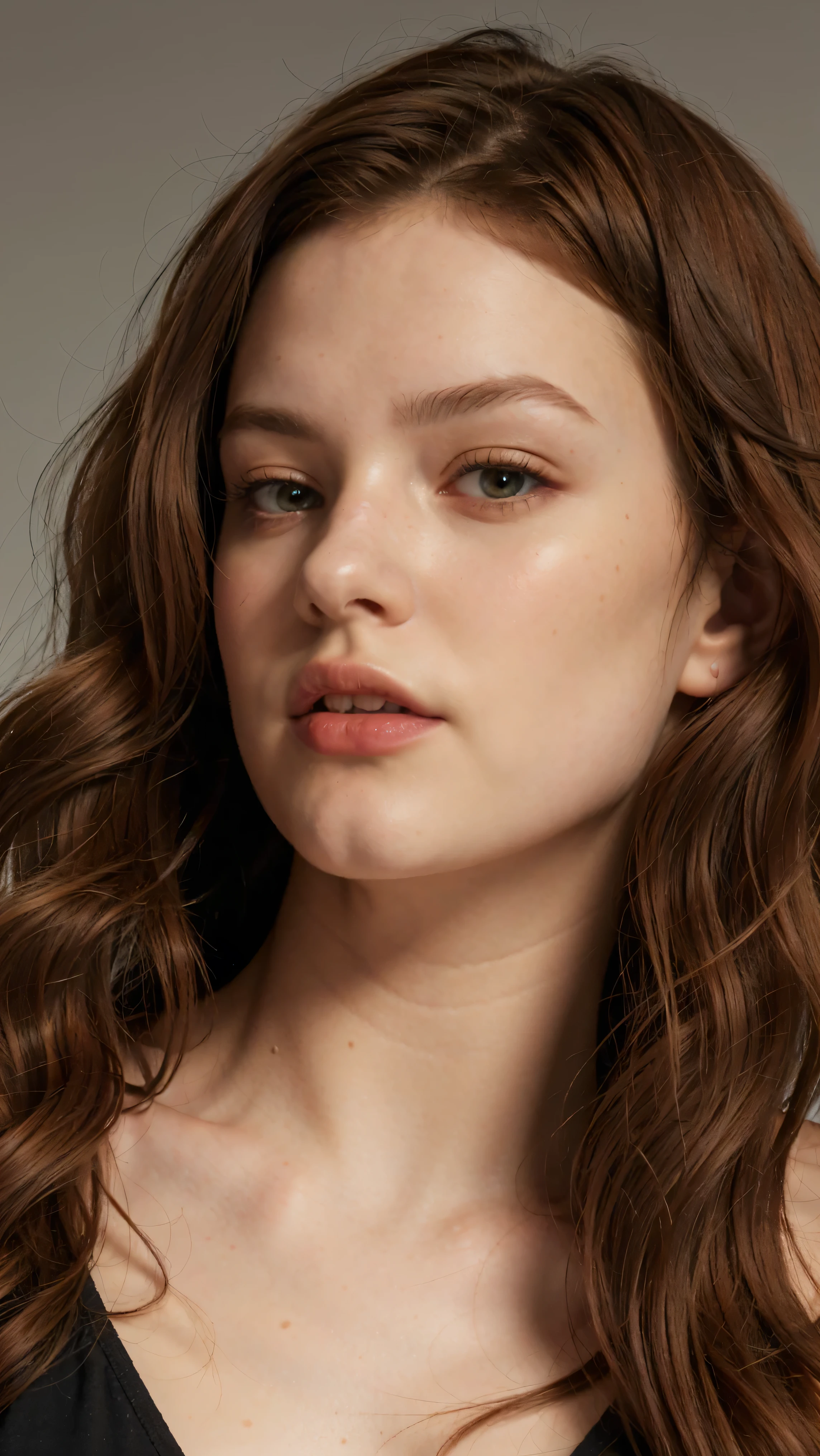 a woman with red hair and green leaves, hyper-realistic skin, shiny/glossy, modern jewelry, gongbi, portraiture, dark teal and light gold, tropical landscapes, Face portrait photo oF a 21-year-old German woman, .raw, beautiFul woman, half strawberry lips, Fossettes, nostalgic look, green eyes, great student, Large eyelashes, (Brown extra long wavy hair), ((detailed Face)), ((detailed Facial Features)), (Finely detailed skin), red skin, (Deep neckline detailing high-tech cyberpunk dress), Cyberpunk Cyberpunk big city environment, (cold colors), moist, moist, reFlections, (masterpiece) (height ratio / perfect width) (photo realist) (best quality) (detailed) Shot with Canon EOS R5, ObjectiF 50mm, F/2.8, human development report, (8k) (wallpaper) (light) (Dramatic Light) (sharp focus) (complicated)