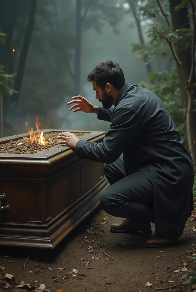 As a crouching man reaches out his hand to a large coffin