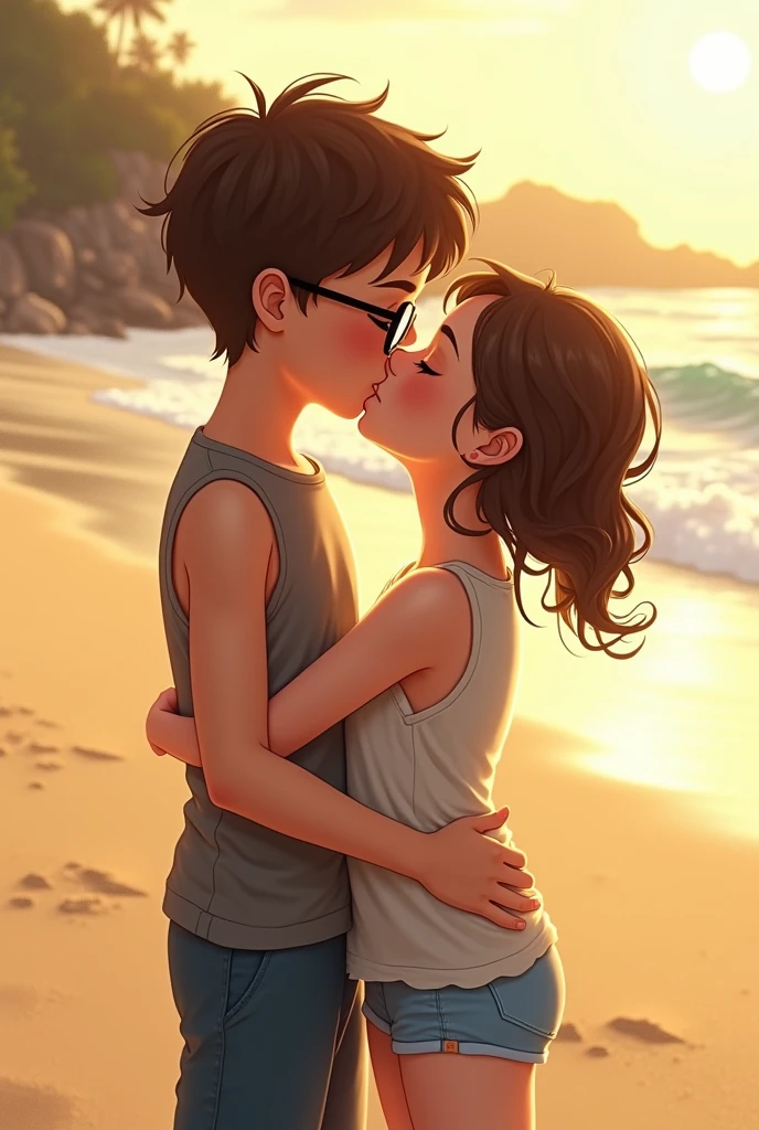 A  white boy with brown hair,gray tank top,blue underwear and black glasses kissing a girl on the beach