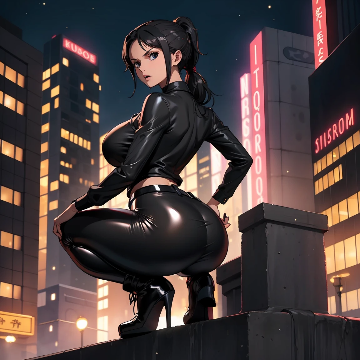 Young Girl,with a very beautiful appearance,Medium breasts, god, Juicy frogs, Juicy ass,black hair tied into a high ponytail with a black elastic band,white eyes,With a rude look,wearing a sexy black turtleneck,black sexy leggings,black gucci belt, High Black Shoes,black choker on the neck, posing attractively,Makes Achegao,Drooling, Located in the city at night