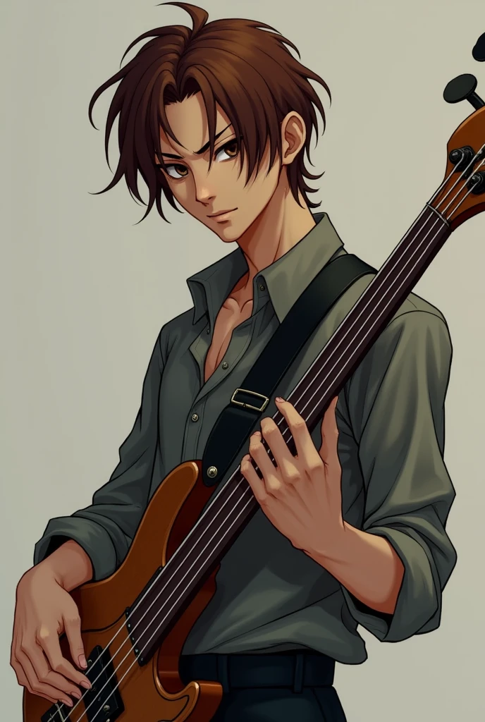 Scrawny, bass guitar,chestnut hair , Medium long hair, dark brown eyes, korean , masculine
