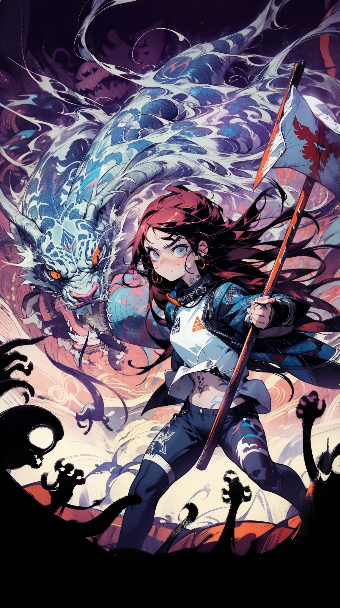 (high quality), (masterpiece), (detailed), 8K, (age girl1.3) tightly gripping a (flag1.3), faces (oncoming wave of shadowy creatures1.4). She channels (web-like elemental skill1.4), creating (shimmering net of energy1.3) that (tangles and traps creatures1.4) mid-attack, her (resolute stance1.4) unwavering. (Dramatic lighting1.2) heightens the intensity of the scene. (high quality), (masterpiece), (detailed), 8K, Anime style character with (cool and edgy tattoos1.3), dressed in (fashionable clothing1.2), posing confidently. Expression fierce, stylish accessory coiled around arm. Thicker outlines emphasize striking, modern fashion, vibrant palette enhances scene.