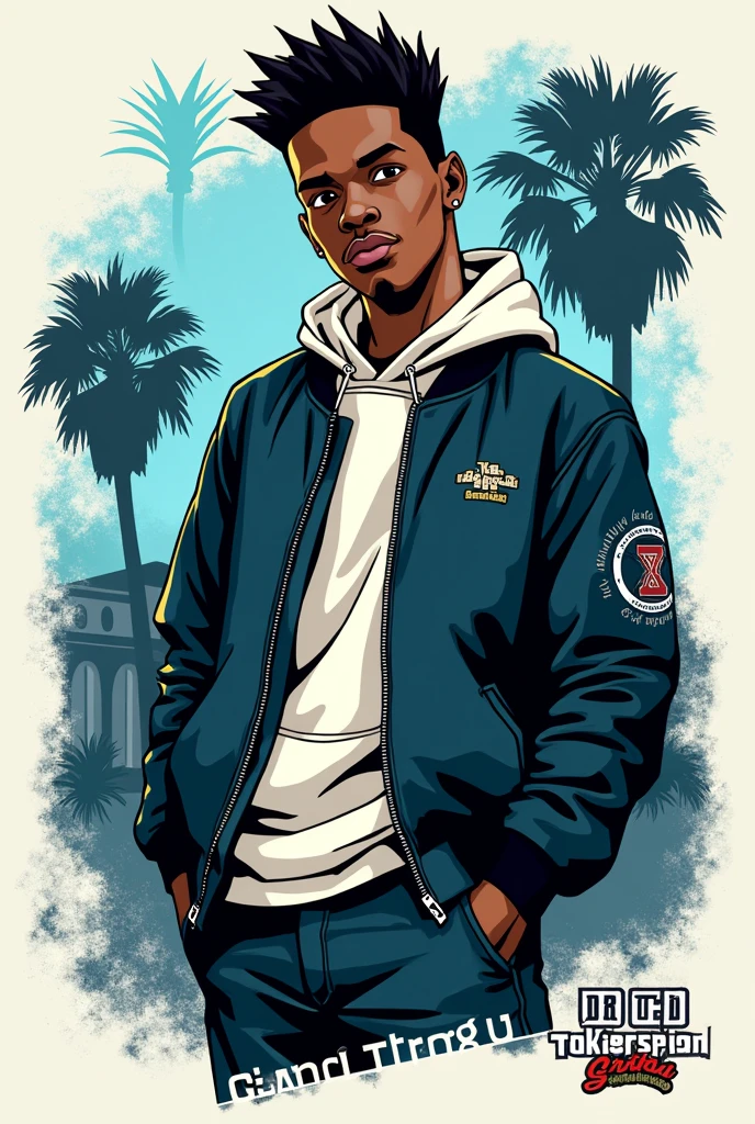 Create a photo of CJ from GTA San Andreas with only blue,gray,black and white colours. vector image graffiti style.