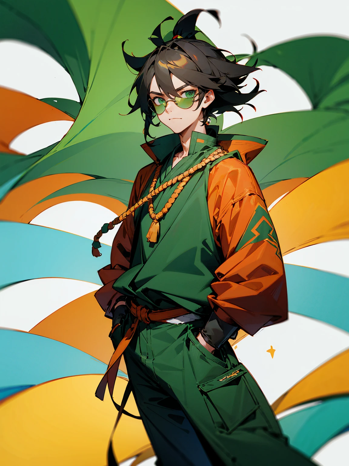 1male, hawaiian hair, green eyes, tied to the back, sunglasses, african outfit, gloves, lazy expression, hands in pocket