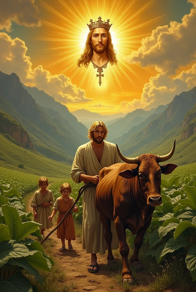 Create A medieval painting of a humble German peasant tall and very strong he is working in an endless field of vast vigorous tobacco,green and mountainous, guiding a plow through the land in front of him two large oxen. He is dressed in worn out clothes, like a linen shirt and worn pants, while holding the plow firmly. In front, the oxen are pulling the plow wildly.. In the sky above him, instead of the common sun, there is an icon of the face of Jesus Christ. Jesus is depicted as a radiant figure, with a golden halo around his head, and a majestic crown in a blessing, emanating light that illuminates the field. The scene is peaceful and serene, with warm tones of golden light, symbolizing divinity and blessing on the peasant's work.