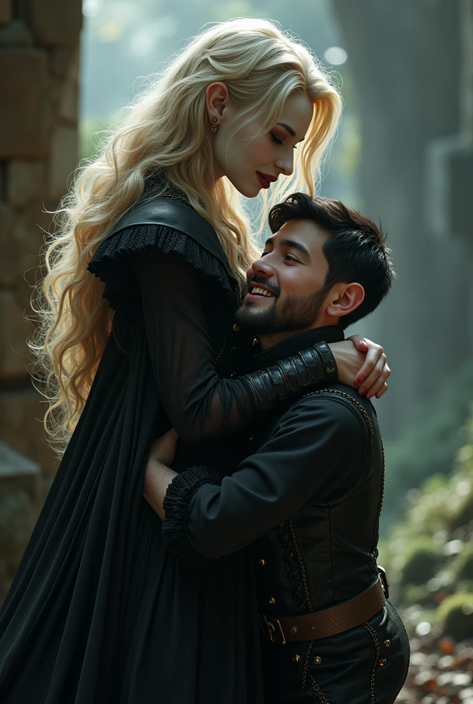 a vampiress, whose blonde hair falls softly down her back, dressed in a gothic and elegant way, His skin is pale, The man is a young dwarf, with cheerful features on his face, black hair, short beard, She is taller than him, She is 1m65 tall while the dwarf is 1m50 tall. The vampire hugs him from behind.