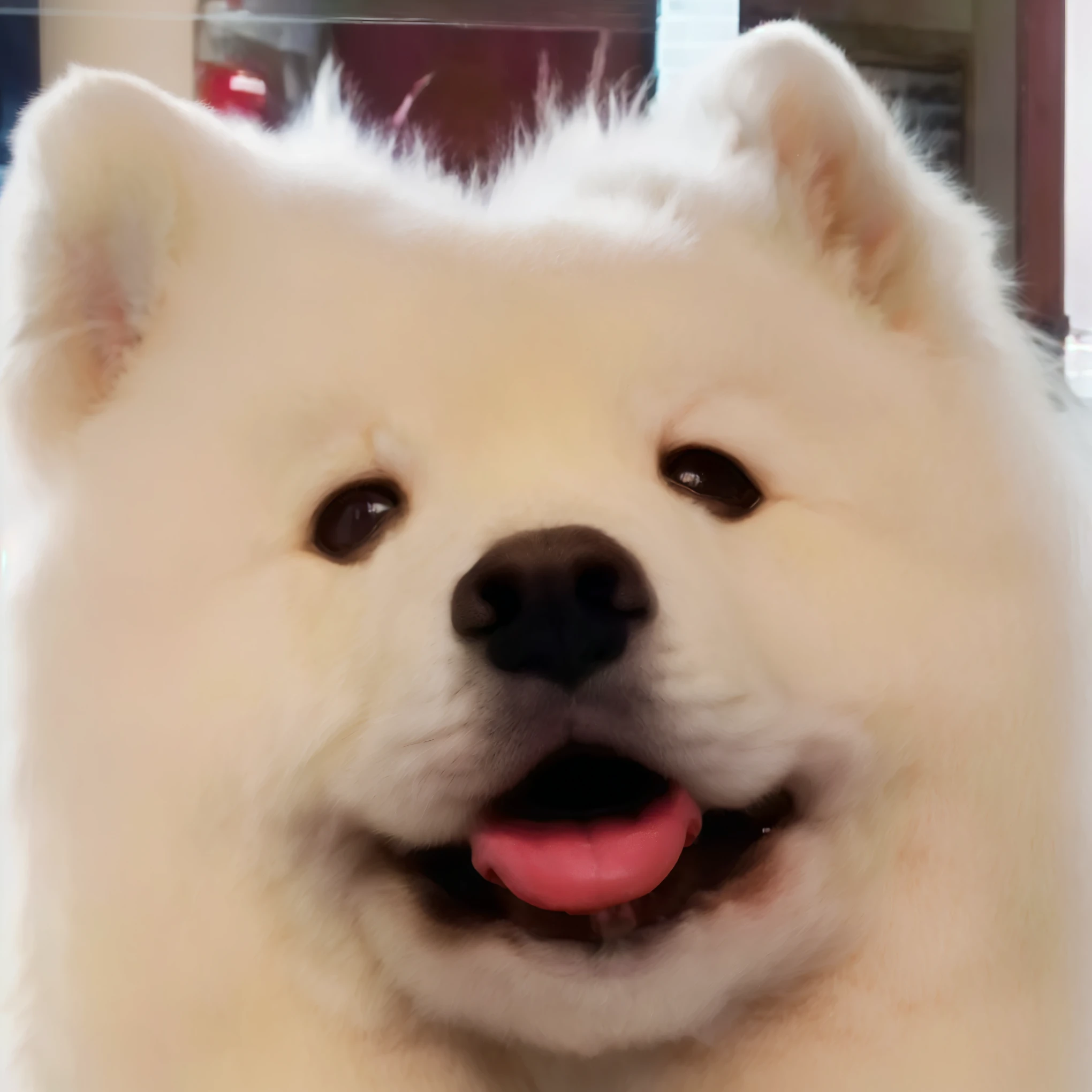 An Alaphe dog with a pink tongue sticking out of its mouth, Furry face, Deformed dog head, cute dog, Happy Dog, He is very happy, [ Realistic photos ]!!, Very detailed happy photo, Selfie of a dog, He is smiling, kawaii cute dog, Japanese Dog, Governor, smirking deviously, Samoyed