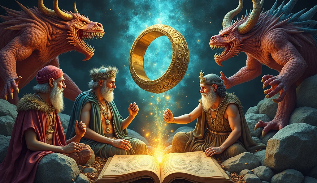 A collage of myths and legends surrounding Solomon, including the history of the ring and demons. Elements like magic rings, fantastic creatures and ancient scrolls are integrated. The background is a mix of dark and bright colors.
