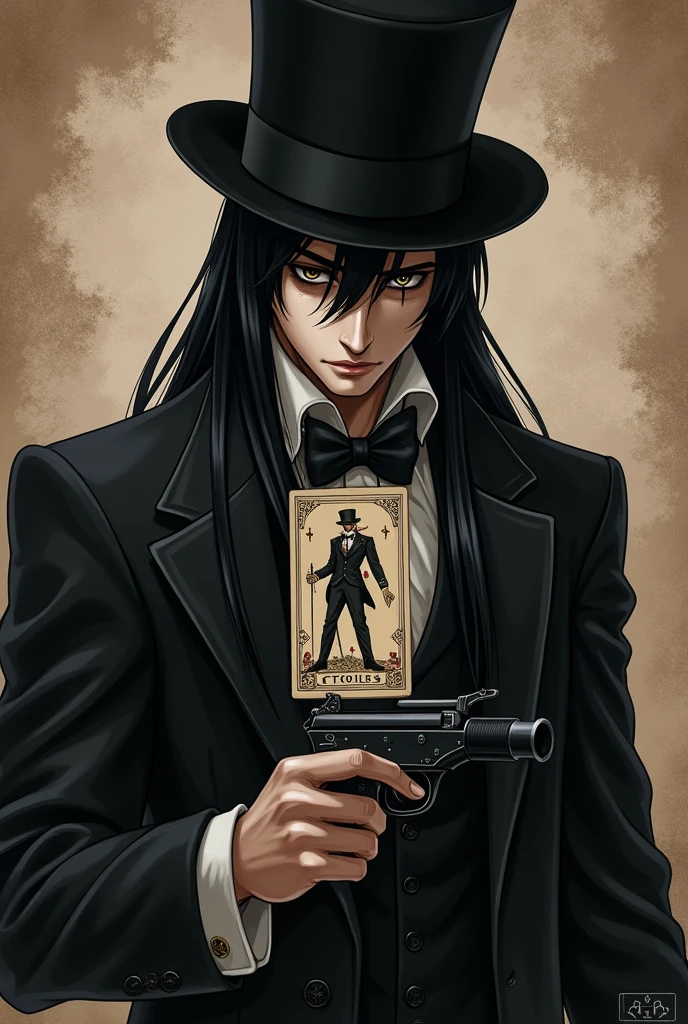 black eyes and cold,straight and long black hair,body of a deity,empty look at the powerful,naughty man,classic 19th century suit,shows the whole body,and he using a 19th century pistol,less masculine face and more cold and emotionless,wearing a top hat and holding a fool's card,tarot card,anime image