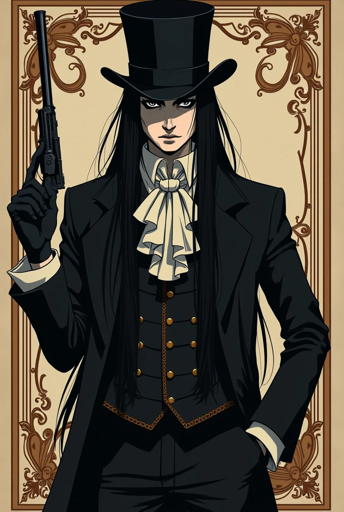 black eyes and cold,straight and long black hair,body of a deity,empty look at the powerful,naughty man,classic 19th century suit,shows the whole body,and he using a 19th century pistol,less masculine face and more cold and emotionless,wearing a top hat and holding a fool&#39;s card,tarot card,anime image