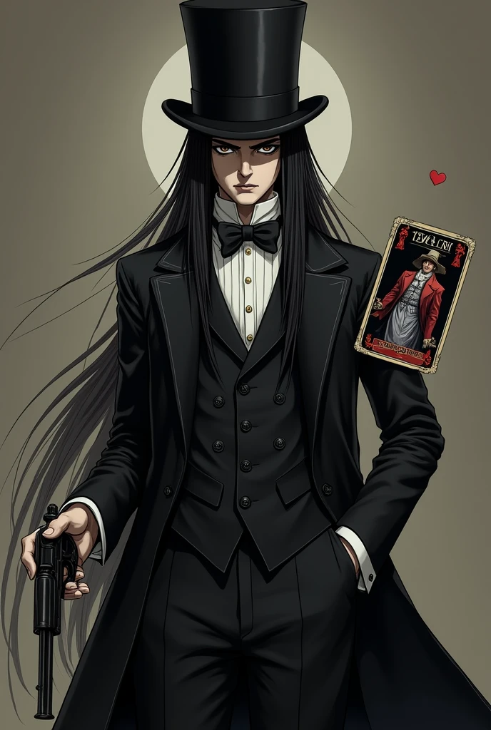black eyes and cold,straight and long black hair,body of a deity,empty look at the powerful,naughty man,classic 19th century suit,shows the whole body,and he using a 19th century pistol,less masculine face and more cold and emotionless,wearing a top hat and holding a fool's card,tarot card,anime image